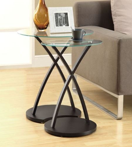 Monarch Specialties I 3013 Cappuccino Bentwood 2 Piece Nesting Table Set; With circular tempered glass tops, this set gives a contemporary look to any room; Beautifully stained cappuccino 