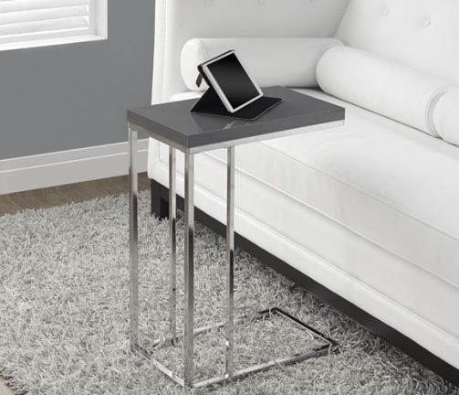 Monarch Specialties I 3030 Glossy Grey Hollow-Core/Chrome Metal Accent Table; Perfectly tapered accent table that fits independently with any furniture in your home; Smooth glossy grey finished accent table has ample surface space to place your tablets, snacks, drinks and even meals; UPC 878218000927 (I3030 I-3030)