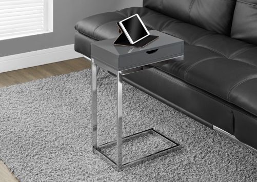 Monarch Specialties I 3032 Glossy Grey Hollow-Core/Chrome Metal Accent Table; Beautiful glossy grey finished accent table has sufficient space for you to place your snacks, laptop or tablet as well as offering a large storage drawer for remote controls, magazines, etc.; Chromed metal base provides sturdy support along with a fashionable touch that will suit any decor; UPC 878218000941 (I3032 I-3032)