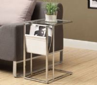 Monarch Specialties I 3034 White/Chrome Metal Accent Table with A Magazine Holder; Clear tempered glass table top provides sufficient space for you to place your snacks, drinks or media devices while the white leather-look magazine holder adds a storage element to help keep you organized; UPC 021032286262 (I3034 I-3034) 