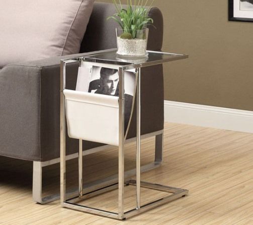 Monarch Specialties I 3034 White/Chrome Metal Accent Table with A Magazine Holder; Clear tempered glass table top provides sufficient space for you to place your snacks, drinks or media devices while the white leather-look magazine holder adds a storage element to help keep you organized; UPC 021032286262 (I3034 I-3034)
