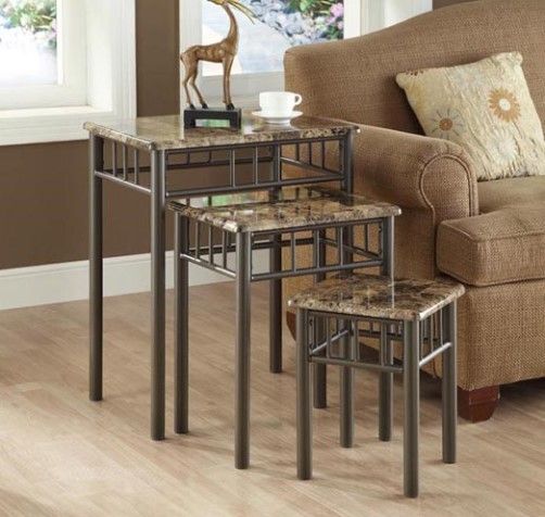 Monarch Specialties I 3041 Cappuccino Marble/Bronze Metal 3 Piece Nesting Table Set; With its classic cappuccino marble-look tops, this table set gives an elegant look to your living space; Bronze metal legs are sleek and provide sturdy support; Use this multi- functional set as end tables, lamp tables, decorative display tables, or simply as accent pieces; UPC 021032257958 (I3041 I-3041)
