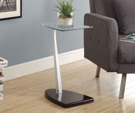 Monarch Specialties I 3047 Black/Silver Accent Table With Tempered Glass; Add a contemporary flair to your living room with this fashion forward snack table; Glossy black base, tempered glass flipper shaped top and silver support arm gives this accent table a sleek design; Dimensions 18