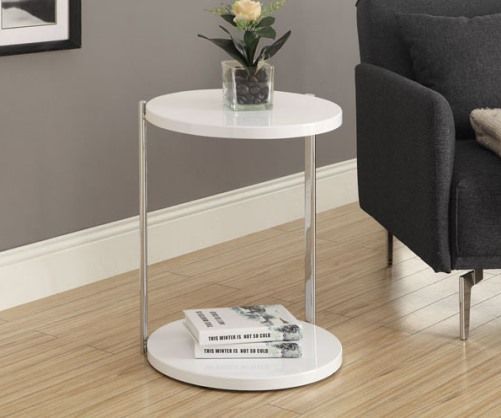 Monarch Specialties I 3056 White/Chrome Metal Accent Table; Glossy white finish accent table offers individuals a simple yet favorable way for placing drinks, snacks or meals while watching TV or chatting or entertaining; Sturdy yet fashionable chrome metal base and a white finished top that provides exceptional support to this must-have piece; Dimensions 18