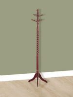 Monarch Specialties I 3058 Cherry Traditional Solid Wood Coat Rack; Turned post with 6 hanging pegs takes a creative turn in the form of a beautiful braided detail at the center of this solid wood coat rack; Sampling of pegs at the peak of the rack offer plenty of storage space for hanging coats, hats and other clothing items; UPC 021032025540 (I3058 I-3058) 