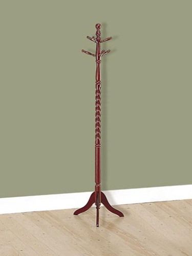 Monarch Specialties I 3058 Cherry Traditional Solid Wood Coat Rack; Turned post with 6 hanging pegs takes a creative turn in the form of a beautiful braided detail at the center of this solid wood coat rack; Sampling of pegs at the peak of the rack offer plenty of storage space for hanging coats, hats and other clothing items; UPC 021032025540 (I3058 I-3058)