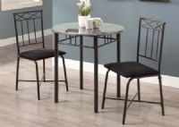 Monarch Specialties I 3065 Grey Marble/Charcoal Metal 3 Piece Bistro Set; Offers a classic look that will blend in with any decor; Round table features a grey marble-look top, and sturdy charcoal colored metal legs; Armless side chairs feature a criss-cross design combined with a vertical slat back and cushioned upholstered seating for comfort; UPC 021032258078 (I3065 I-3065) 