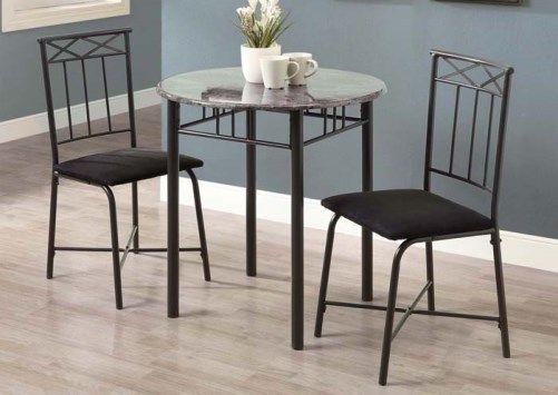 Monarch Specialties I 3065 Grey Marble/Charcoal Metal 3 Piece Bistro Set; Offers a classic look that will blend in with any decor; Round table features a grey marble-look top, and sturdy charcoal colored metal legs; Armless side chairs feature a criss-cross design combined with a vertical slat back and cushioned upholstered seating for comfort; UPC 021032258078 (I3065 I-3065)