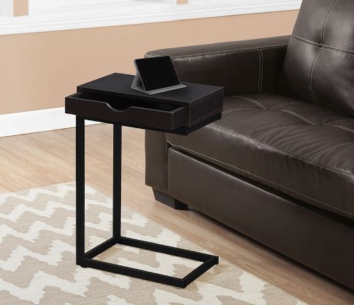 Monarch Specialty I 3069 Accent Table - Cappuccino / Black Metal With Drawer, Sufficient surface space for drinks and snacks, Sturdy black metal base, Blends well with any decor, Convenient storage drawer will keep electronic accessories organized, 16