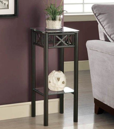 Monarch Specialties I 3078 Black Metal Plant Stand with Tempered Glass Top; With its classy glass top, this plant stand gives a warm feel to any room; Original black metal base provides sturdy support as well as an elegant look; Use this multi- functional table to place your favorite plant or decorative piece; Will be a sure eye-catcher; Dimensions 12