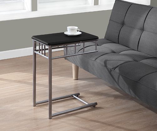 Monarch Specialties I 3093 Black/Silver Metal Snack Table; What a convenient way to eat or drink on your couch; Modern black finished snack table has sufficient space for you to place your snacks, drinks and even meals; Silver metal base provides sturdy support along with an elegant touch that will suit any decor; Dimensions 18