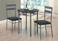 Monarch Specialties I 3095 Black/Silver Metal 3 Piece Bistro Set; Offers a classic look that will blend in with any decor; Round table features a solid black top, and sturdy charcoal grey metal tube legs; Armless side chairs feature a horizontal slat back with cushioned and upholstered seats in microfiber, for your comfort; UPC 021032258238 (I3095 I-3095) 