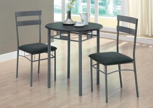 Monarch Specialties I 3095 Black/Silver Metal 3 Piece Bistro Set; Offers a classic look that will blend in with any decor; Round table features a solid black top, and sturdy charcoal grey metal tube legs; Armless side chairs feature a horizontal slat back with cushioned and upholstered seats in microfiber, for your comfort; UPC 021032258238 (I3095 I-3095)