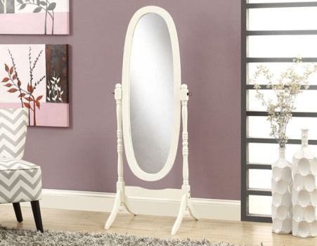 Monarch Specialties I 3102 Antique White Solid Oval Cheval Floor Mirror; Lovely addition to your traditional master bedroom; Functional piece features an oval shaped mirror with swivel motion for adjust ability and convenience; Dimensions 23