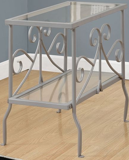 Monarch Specialties I 3106 Silver Metal With Tempered Glass Accent Table Two Tiered Design 9417