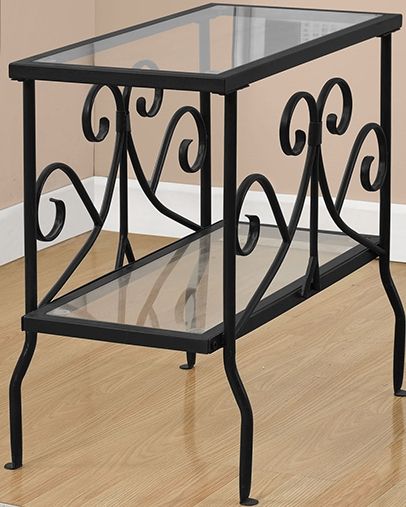 Monarch Specialties I 3107 Black Metal With Tempered Glass Accent Table; Two tiered design provides additional surface area; Easy to clean tempered glass surfaces (5mm); Fashionable scroll inspired accents; Black finish; Bottom shelf: 24