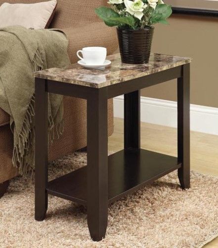Monarch Specialties I 3114 Cappuccino/Marble Top Accent Side Table; Add a classy appeal to your space with this table; Black, solid and tapered legs are designed with subtle details that accentuate this piece; Place a lamp, picture frame, plant or any decorative accent on this functional side table; UPC 021032259297 (I3114 I-3114)