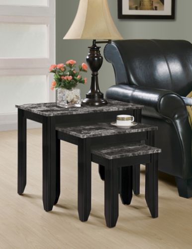 Monarch Specialties I 3130 Black/Gray Marble Top 3 Pieces Nesting Table Set; With its modern black/grey marble-look surface and sleek black tapered legs, this 3 piece nesting table set appeals to any living space; Use this multi-functional set as end tables, decorative display tables, or simply to showcase individual accent pieces; UPC 878218000187 (I3130 I-3130)