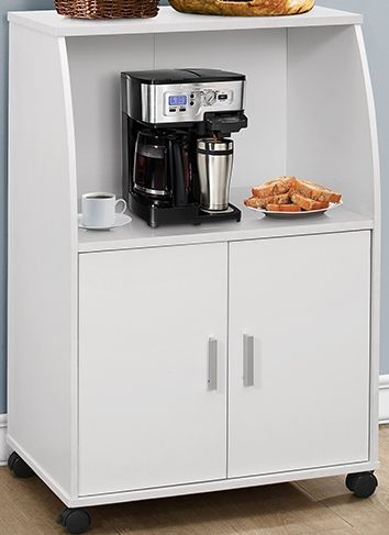 Monarch Specialties I 3139 White on Castors Kitchen Cart; Built on castors for easy mobility (2 locking, 2 non-locking); Multi-purpose cart ideal for kitchens, laundry rooms or craft rooms; Two door storage space with one center adjustable shelf (top: 21