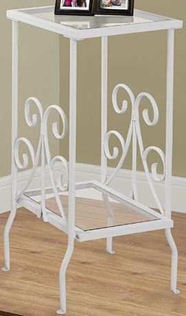 Monarch Specialties I 3157 White Metal With Tempered Glass Accent Table; Multi-functional accent table for decorative objects, plants; 2 tiered shelf in tempered glass (5mm); Elegant scroll accents on each side for a fashionable look; Fresh white finish; Glass top: 14.5