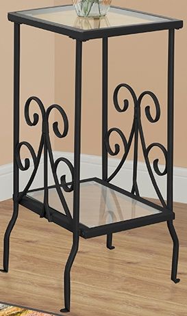 Monarch Specialties I 3159 Black Silver With Tempered Glass Accent Table; Multi-functional accent table for decorative objects, plants; 2 tiered shelf in tempered glass (5mm); Elegant scroll accents on each side for a fashionable look; Black finish; Glass top: 14.5