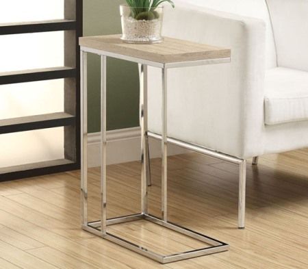 Monarch Specialties I 3203 Natural Reclaimed-Look/Chrome Metal Accent Table; What a convenient way to eat or drink on your couch; Has sufficient space for you to place your snacks, drinks and even meals; Chromed metal base provides sturdy support along with a fashionable flair that will suit any decor; Dimensions 20