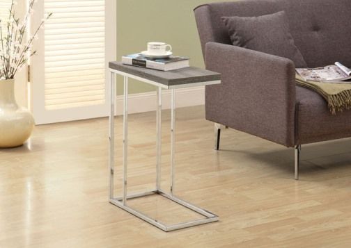 Monarch Specialties I 3253 Dark Taupe Reclaimed-Look/Chrome Metal Accent Table; What a convenient way to eat or drink on your couch; Has sufficient space for you to place your snacks, drinks and even meals; Chromed metal base provides sturdy support along with a fashionable flair that will suit any decor; Dimensions 20