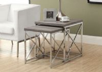 Monarch Specialties I 3255 Dark Taupe Reclaimed-Look/Chrome Metal 2 Piece Nesting Tables; Gives an exceptional look to any room; Original criss-cross chromed metal base provides sturdy support as well as a contemporary look; Use this multi-functional set as end tables, lamp tables, decorative display tables, or simply as accent pieces; UPC 021032286309 (I3255 I-3255) 