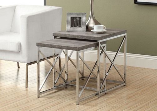 Monarch Specialties I 3255 Dark Taupe Reclaimed-Look/Chrome Metal 2 Piece Nesting Tables; Gives an exceptional look to any room; Original criss-cross chromed metal base provides sturdy support as well as a contemporary look; Use this multi-functional set as end tables, lamp tables, decorative display tables, or simply as accent pieces; UPC 021032286309 (I3255 I-3255)