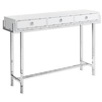 Monarch Specialties I 3297 Forty-Eight-Inch-Long Accent Table with Three Drawers in Glossy White Top and Chrome Metal Finish; 3 storage drawers with sleek square silver metal pulls; With a spacious rectangular tabletop to hold books, decorative objects, pictures; UPC 680796013714 (I 3297 I3297 I-3297) 