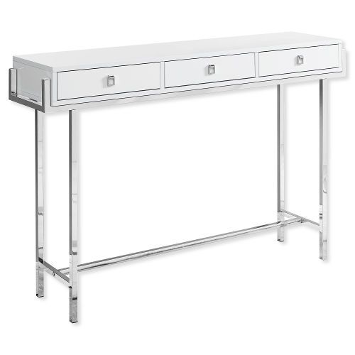 Monarch Specialties I 3297 Forty-Eight-Inch-Long Accent Table with Three Drawers in Glossy White Top and Chrome Metal Finish; 3 storage drawers with sleek square silver metal pulls; With a spacious rectangular tabletop to hold books, decorative objects, pictures; UPC 680796013714 (I 3297 I3297 I-3297)