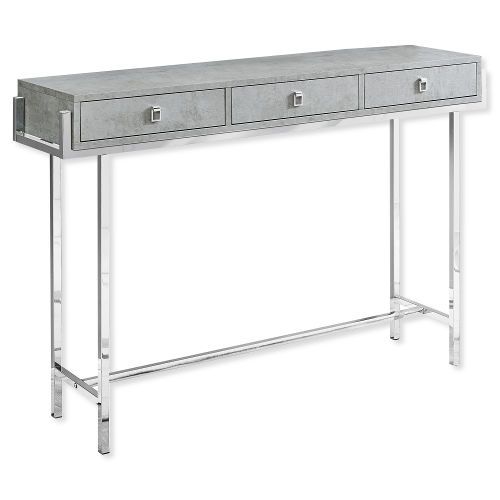 Monarch Specialties I 3298 Forty-Eight-Inch-Long Accent Table with Three Drawers in Gray Cement Top and Chrome Metal Finish; 3 storage drawers with sleek square silver metal pulls; With a spacious rectangular tabletop to hold books, decorative objects, pictures; UPC 680796013721 (I 3298 I3298 I-3298)