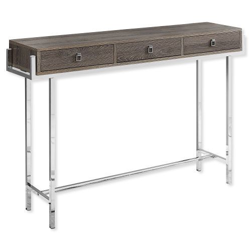 Monarch Specialties I 3299 Forty-Eight-Inch-Long Accent Table with Three Drawers in Dark Taupe Top and Chrome Metal Finish; 3 storage drawers with sleek square silver metal pulls; With a spacious rectangular tabletop to hold books, decorative objects, pictures; UPC 680796013738 (I 3299 I3299 I-3299)