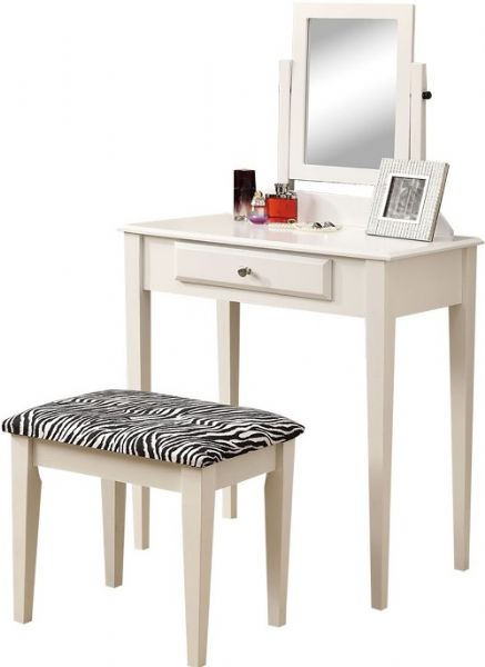 Monarch Specialties I 3390 White 2Pcs Vanity Set with A Zebra Fabric Stool, Smooth lines, Solid wood legs, Vertical swivel mirror, UPC 021032258696 (I 3390 I-3390 I3390)