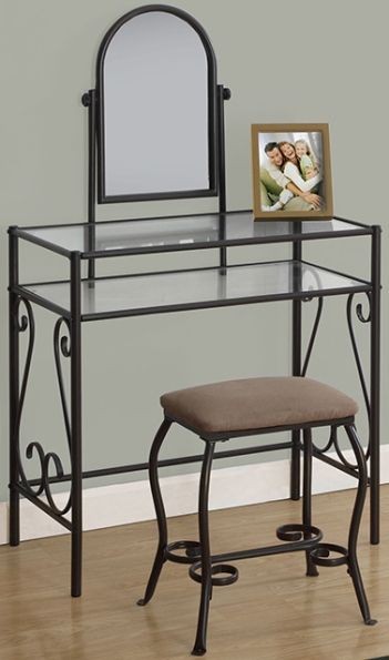Monarch Specialties I 3393 Two Pieces Brown Metal With Tempered Glass Vanity Set; Vertical swivel mirror (insert: 11