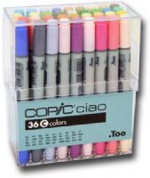 Copic I36C Ciao, 36-Markers Set C; Photocopy safe and guaranteed color consistency; Great for scrap-booking, crafts, fine writing, stamping, and comics; Markers are refillable and have a variety of nib options; Color subject to change; Perfect for beginners, Ciao has the exact same features as the Sketch marker but in a smaller size and without the airbrush capability; UPC 4511338011256 (COPICI36C COPIC I36C I36 C I 36C COPIC-I36C I36-C I-36C ALVIN) 