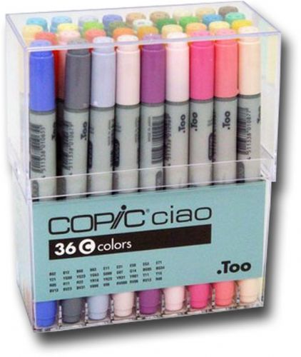 Copic I36C Ciao, 36-Markers Set C; Photocopy safe and guaranteed color consistency; Great for scrap-booking, crafts, fine writing, stamping, and comics; Markers are refillable and have a variety of nib options; Color subject to change; Perfect for beginners, Ciao has the exact same features as the Sketch marker but in a smaller size and without the airbrush capability; UPC 4511338011256 (COPICI36C COPIC I36C I36 C I 36C COPIC-I36C I36-C I-36C ALVIN)