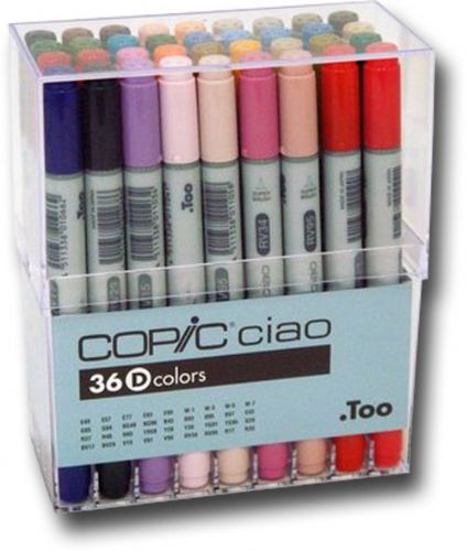 Copic I36D Ciao, 36-Marker Set D; Photocopy safe and guaranteed color consistency; Great for scrap-booking, crafts, fine writing, stamping, and comics; Markers are refillable and have a variety of nib options; Colors subjet to Change; Perfect for beginners, Ciao has the exact same features as the Sketch marker but in a smaller size and without the airbrush capability; UPC 4511338011263 (COPICI36D COPIC I36D I36 D I 36D COPIC I36D I36-D I-36D ALVIN)