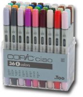 Copic I36E Ciao, 36-Marker Set E; Photocopy safe and guaranteed color consistency; Great for scrap-booking, crafts, fine writing, stamping, and comics; Markers are refillable and have a variety of nib options; Color subject to change; Perfect for beginners, Ciao has the exact same features as the Sketch marker but in a smaller size and without the airbrush capability; EAN 4511338051924 (COPICI36E COPIC I36E I36 E I 36E COPIC-I36E I36-E I-36E ALVIN) 