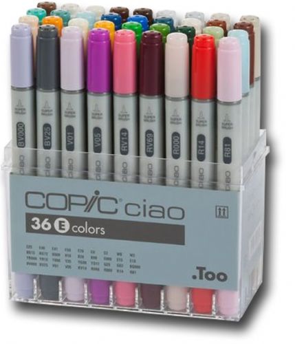 Copic I36E Ciao, 36-Marker Set E; Photocopy safe and guaranteed color consistency; Great for scrap-booking, crafts, fine writing, stamping, and comics; Markers are refillable and have a variety of nib options; Color subject to change; Perfect for beginners, Ciao has the exact same features as the Sketch marker but in a smaller size and without the airbrush capability; EAN 4511338051924 (COPICI36E COPIC I36E I36 E I 36E COPIC-I36E I36-E I-36E ALVIN)