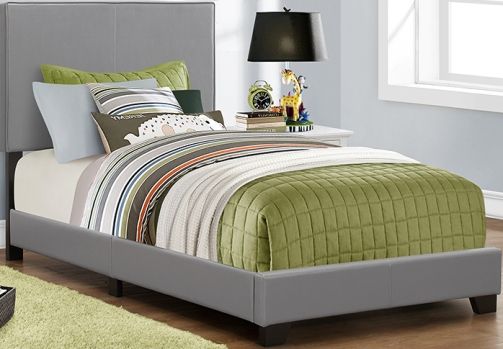 Monarch Specialty I 5912T Bed - Twin Size / Grey Leather-Look Fabric, Modern contemporary styling, Upholstered headboard, side and end rail in leather-look material, Sleek solid wood feet, Fits standard Twin size mattress - Not included, Box spring not included, 81