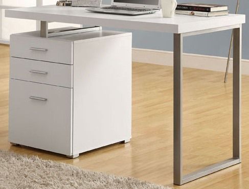 Monarch Specialties I 7027 White Left Or Right Facing Computer Desk, Scratch resistant laminate top, Silver colored metal accents, Left or right facing configuration, 2 storage drawers (inside dims: 15