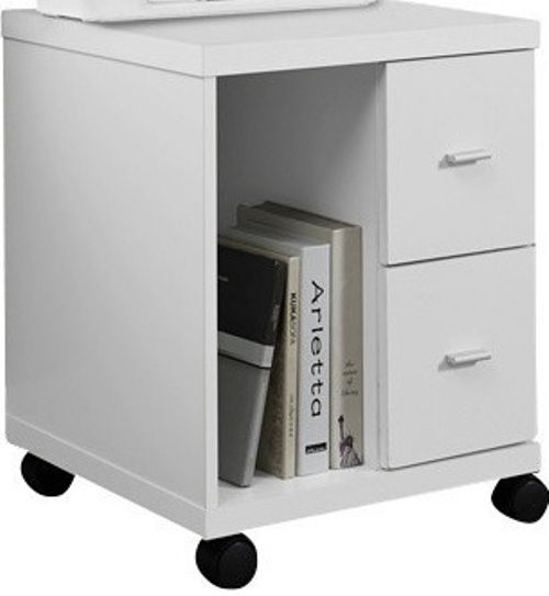 Monarch Specialties I 7055 White Hollow-Core 2 Drawer Computer Stand On Castors, Contemporary style, Sleek thick panel construction, Two storage drawers with silver colored hardware, An open storage compartment ideal for a CPU, Mounted on castors for easy mobility, 18