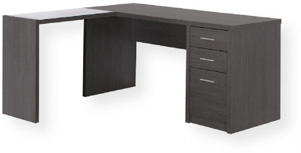 Monarch Specialties I 7139 Grey Corner With Tempered Glass Computer Desk; Contemporary style L-shaped desk in a Grey tone, finished on all side; 3 convenient storage drawers, including a file cabinet fitted to hold legal sized documents; Side table partially protected with a tempered glass top (31.5