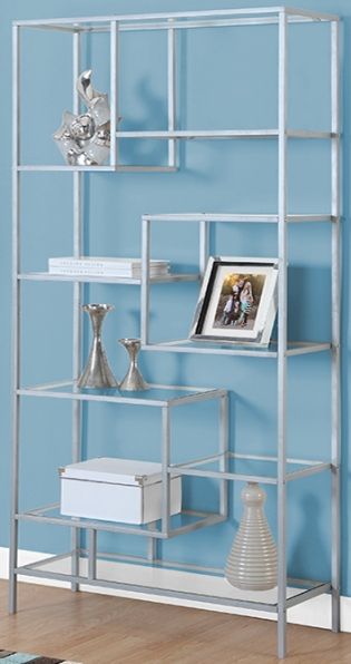 Monarch Specialties I 7158 Silver Metal, Modern Metal And Glass Bookcase