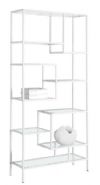 Monarch Specialties I 7159 White Metal with Tempered Glass Bookcase; Modern metal frame (1") paired with clear 5mm thick tempered glass shelves; 9 asymmetrical display shelves in various sizes, Easily blends with any decor, Great accent piece for your living room, den, home office, or hallway; Made with Metal, Tempered Glass (5mm); Weight 57 Lbs; UPC 878218005595 (I7159 I 7159) 
