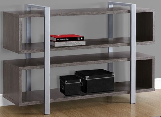 Monarch Specialties I 7185 Grey Tv Stand and Bookcase, Multi-functional modern style bookcase and tv stand all in one, 2 long open shelves to store books, cds, decorative accents, entertainment equipment; Grey tone finished on all sides with silver metal accent bars, Holds up to a 48