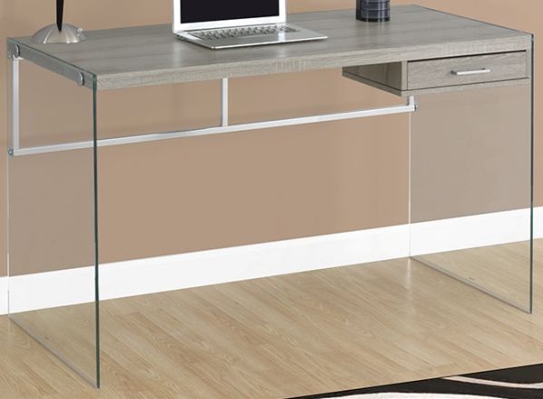 Monarch Specialties I 7207 Dark Taupe With Tempered Glass Computer Desk, Durable scratch resistant laminate surface, Sleek and modern tempered glass legs, Convenient storage drawer for office supplies (inside dims: 13