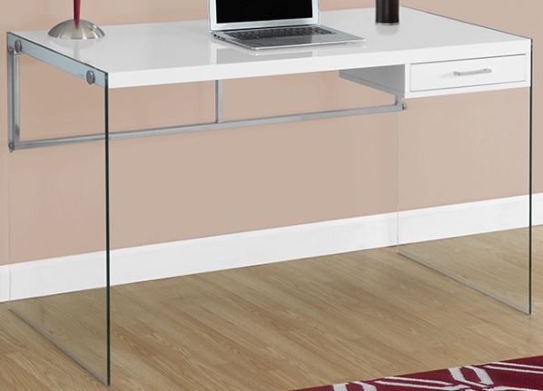 Monarch Specialties I 7209 Glossy White With Tempered Glass Computer Desk, Durable scratch resistant laminate surface, Sleek and modern tempered glass legs, Convenient storage drawer for office supplies (inside dims: 13