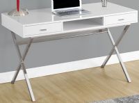 Monarch Specialties I 7211 Glossy White with Chrome Metal Computer Desk; Modern high gloss white finish, Sturdy yet stylish silver metal legs, 2 large storage drawers (inside dimensions: 12.5"L x 13"W x 2.75"H); One open concept shelf (17"Lx23"Dx3.5"H); Great for small spaces, Made with Particle Board, MDF, Laminate, Metal; Weight 68 Lbs; UPC 878218005946 (I7211 I 7211) 